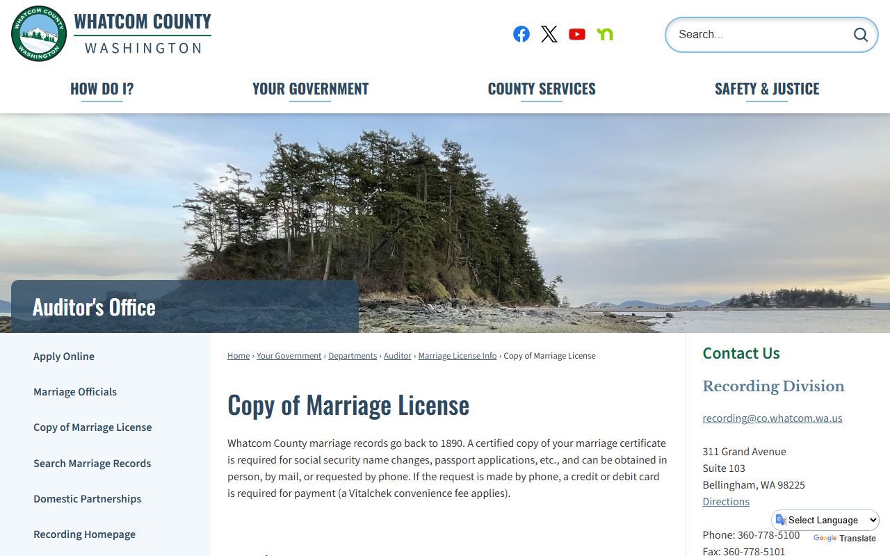 Whatcom County Auditor marriage license copy request page Bellingham