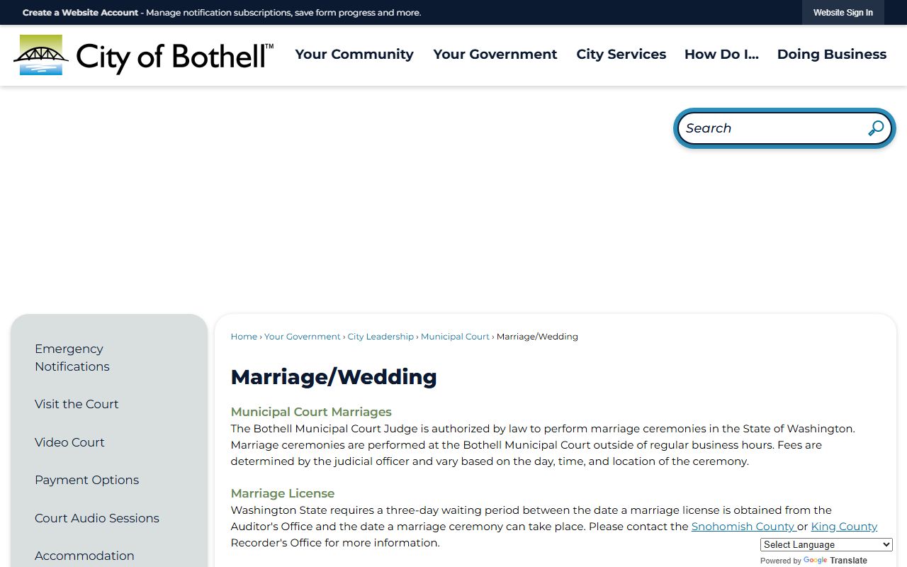 Bothell Municipal Court marriage and wedding ceremony information