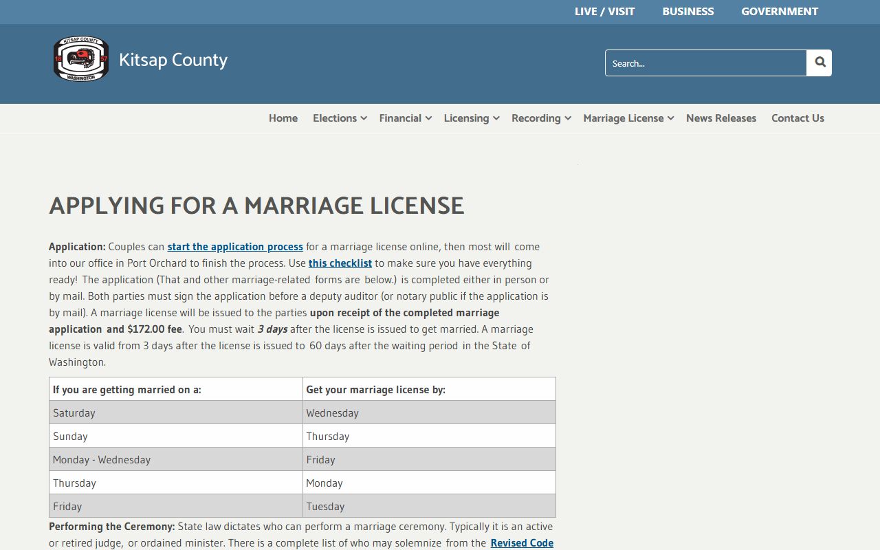 Kitsap County Auditor marriage license application for Bremerton residents