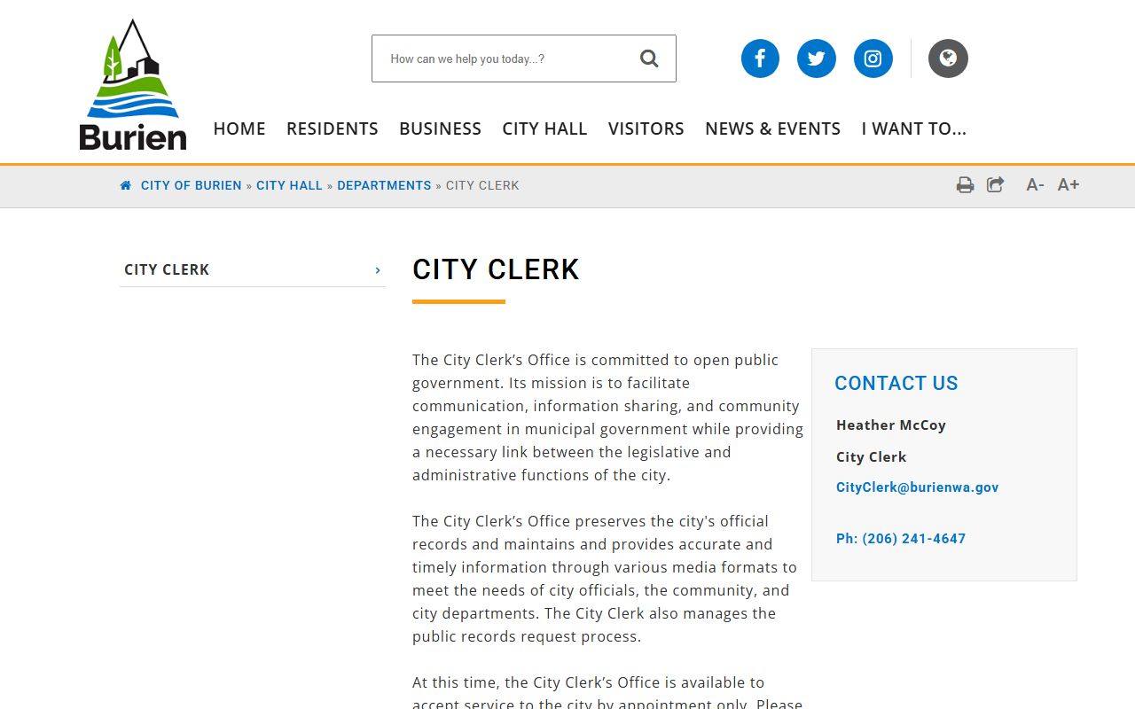 Burien City Clerk official page for public records and services
