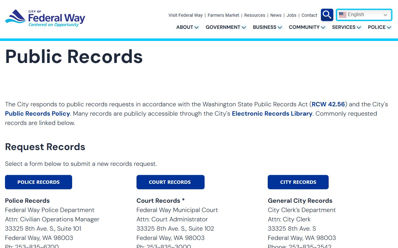 Federal Way public records city clerk page for marriage records referral to King County