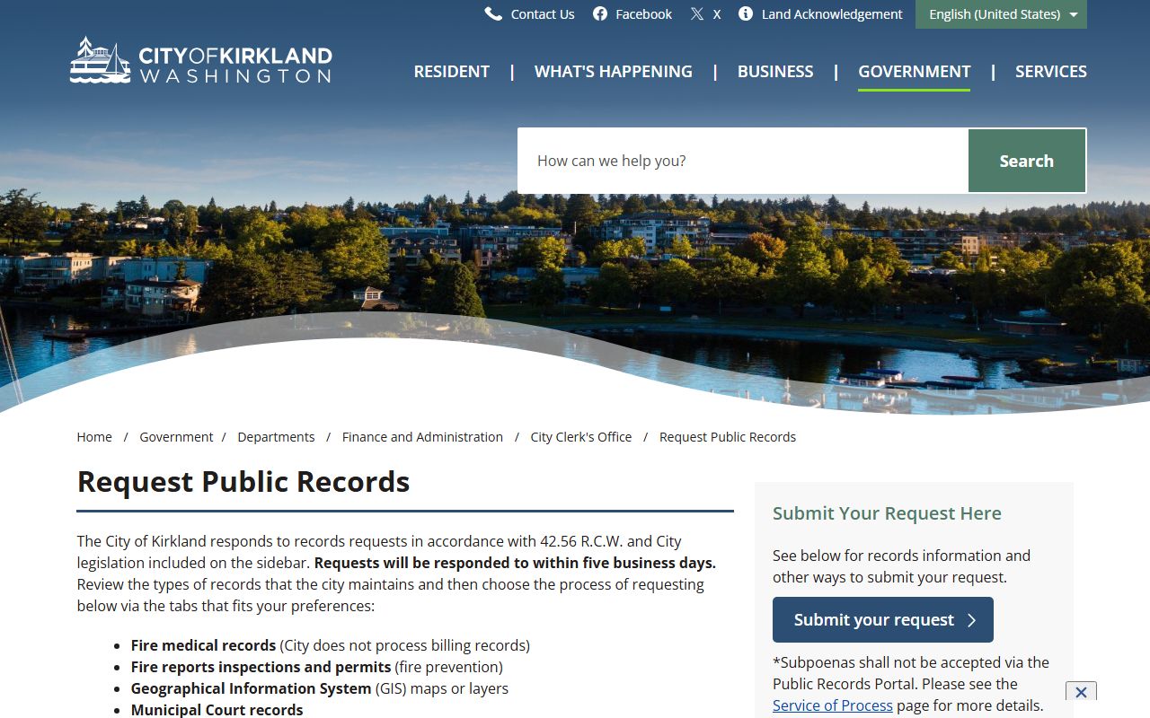 Kirkland public records request form directing marriage records to King County