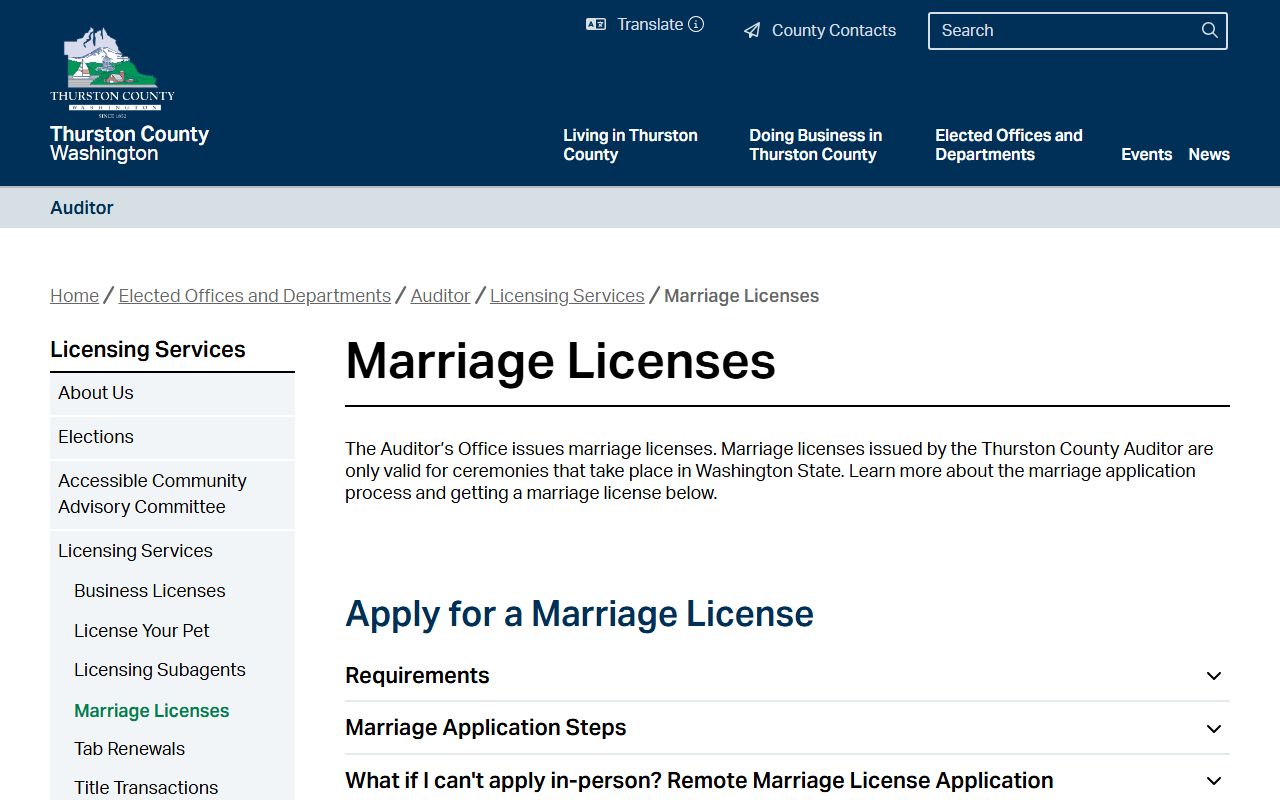 Thurston County Auditor marriage license services for Lacey residents