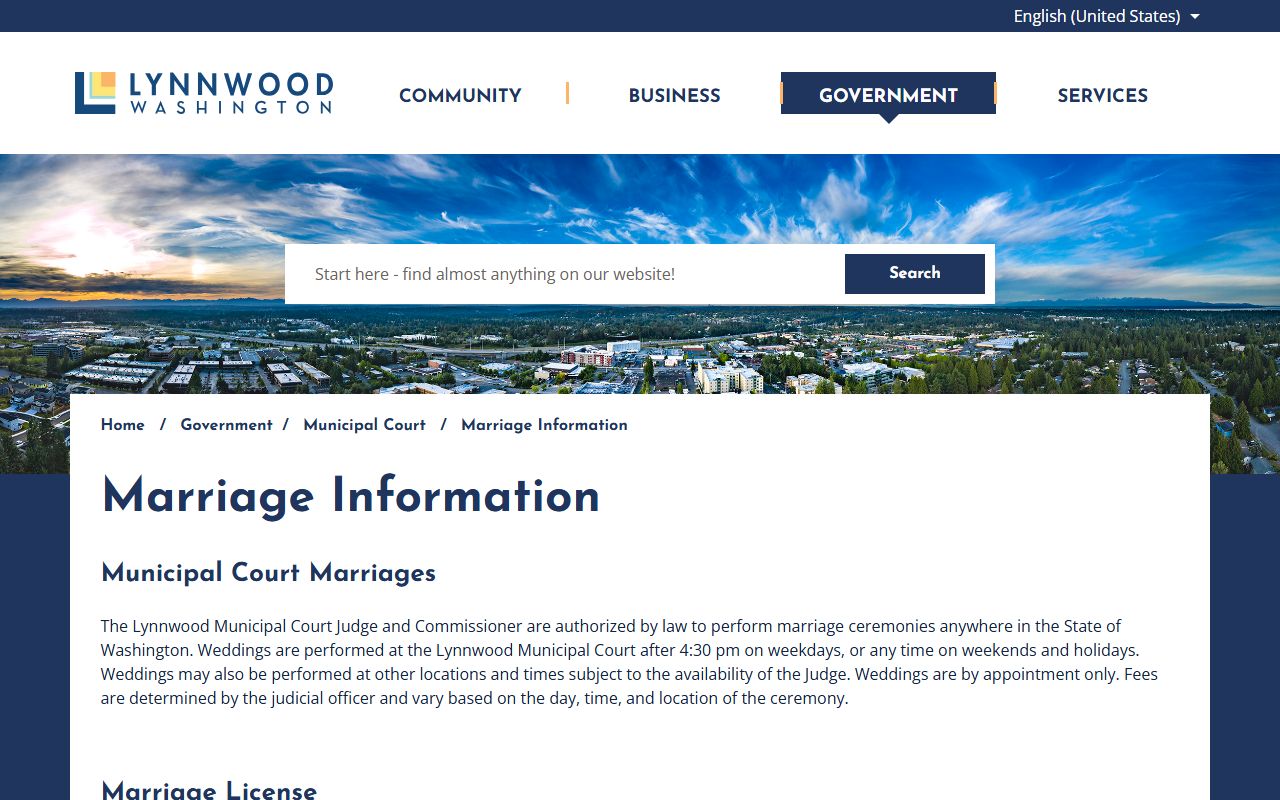 City of Lynnwood Municipal Court marriage information directing to Snohomish County