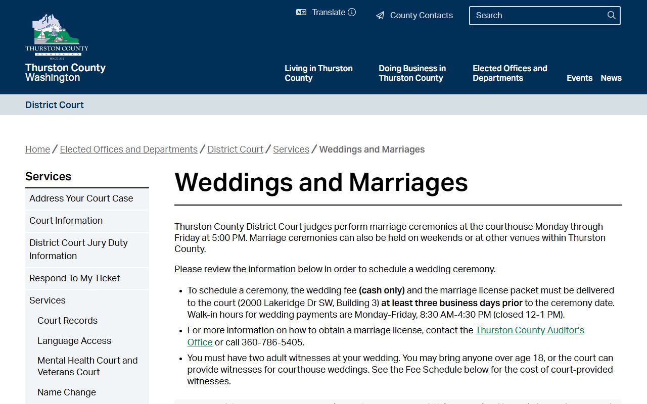 Thurston County District Court wedding and marriage ceremonies for Olympia residents