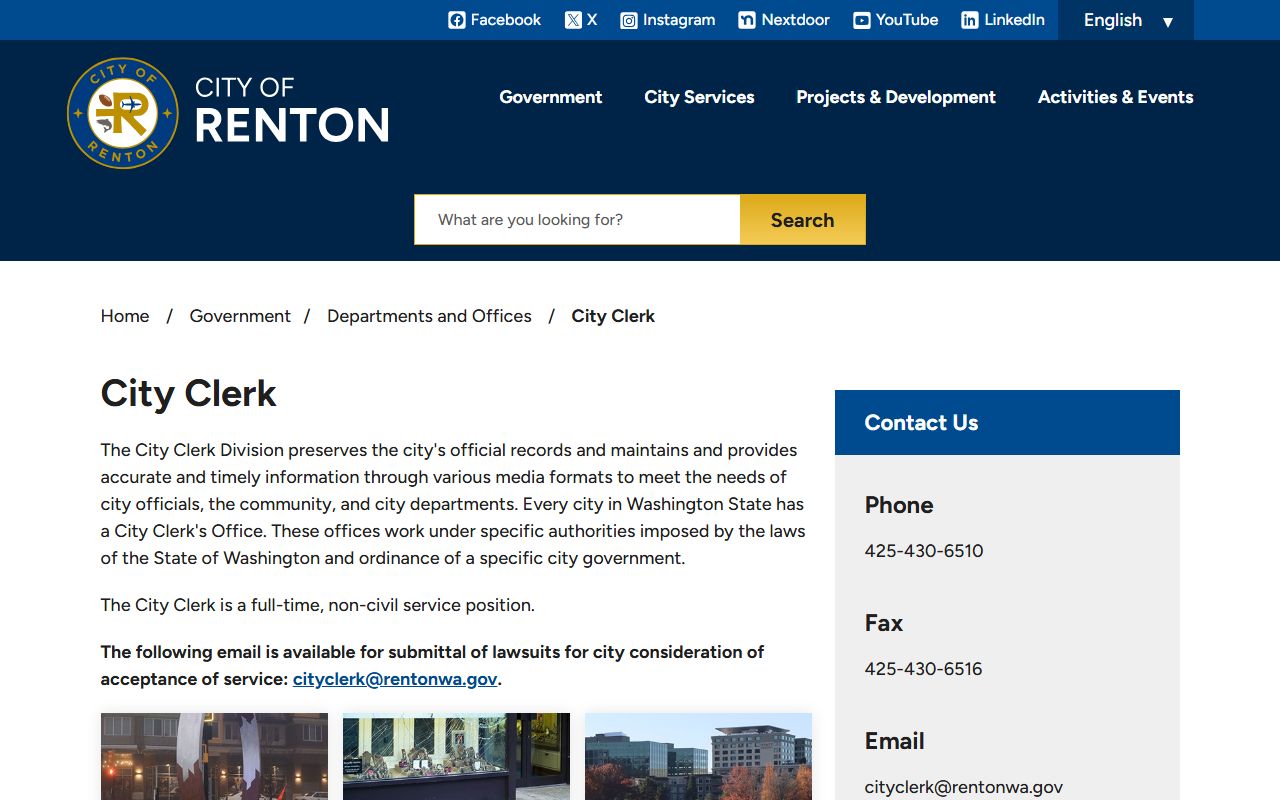 Renton City Clerk office for public records in King County