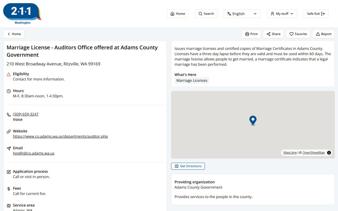 Adams County Auditor listing on WA211 marriage records directory