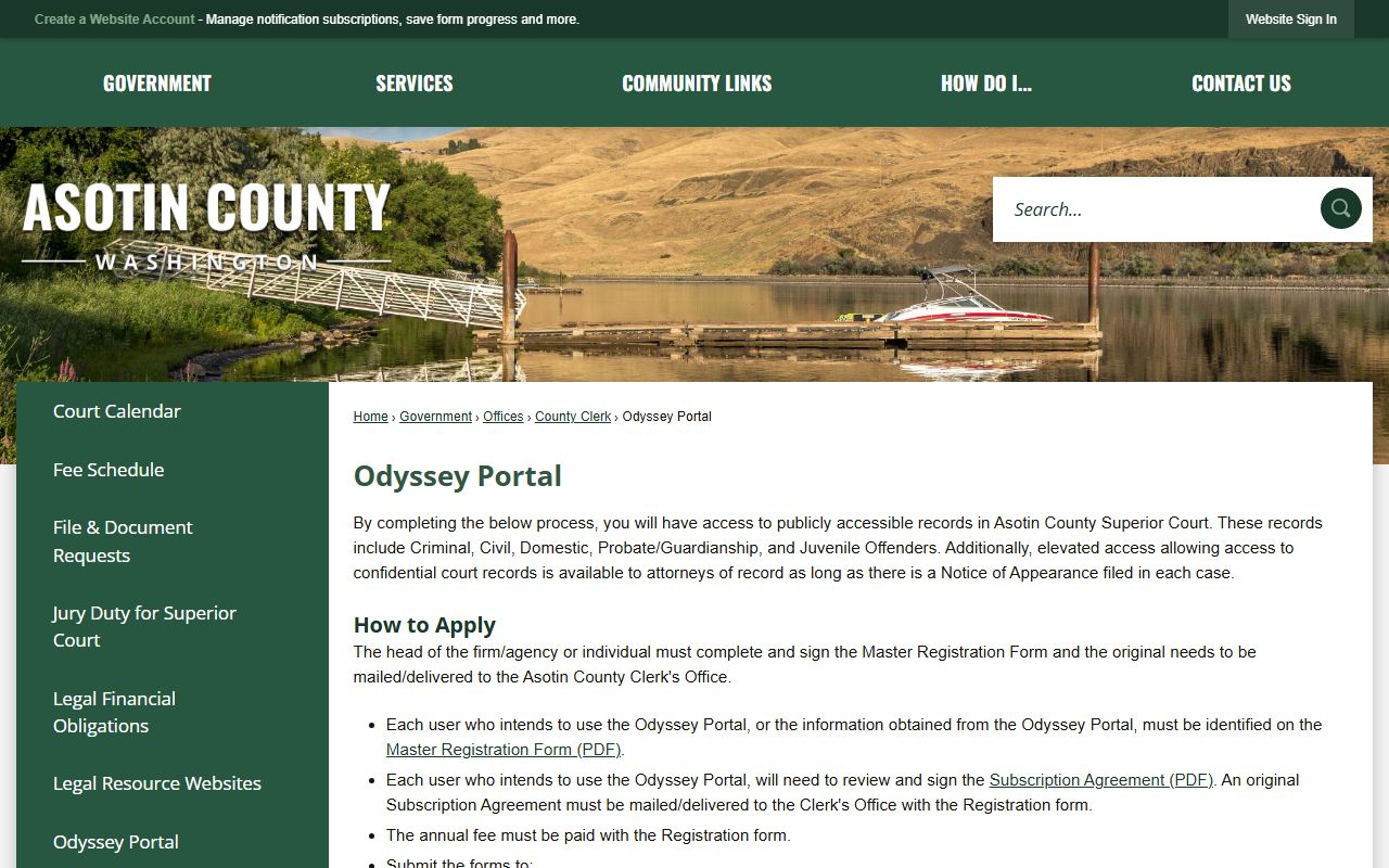Asotin County Odyssey Portal for searching court records including marriage-related filings