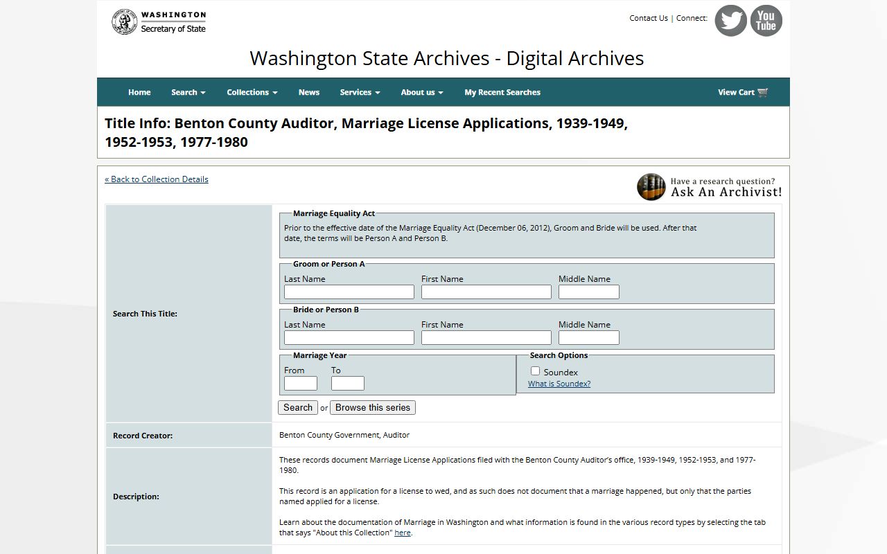 Benton County marriage license applications collection Washington State Digital Archives