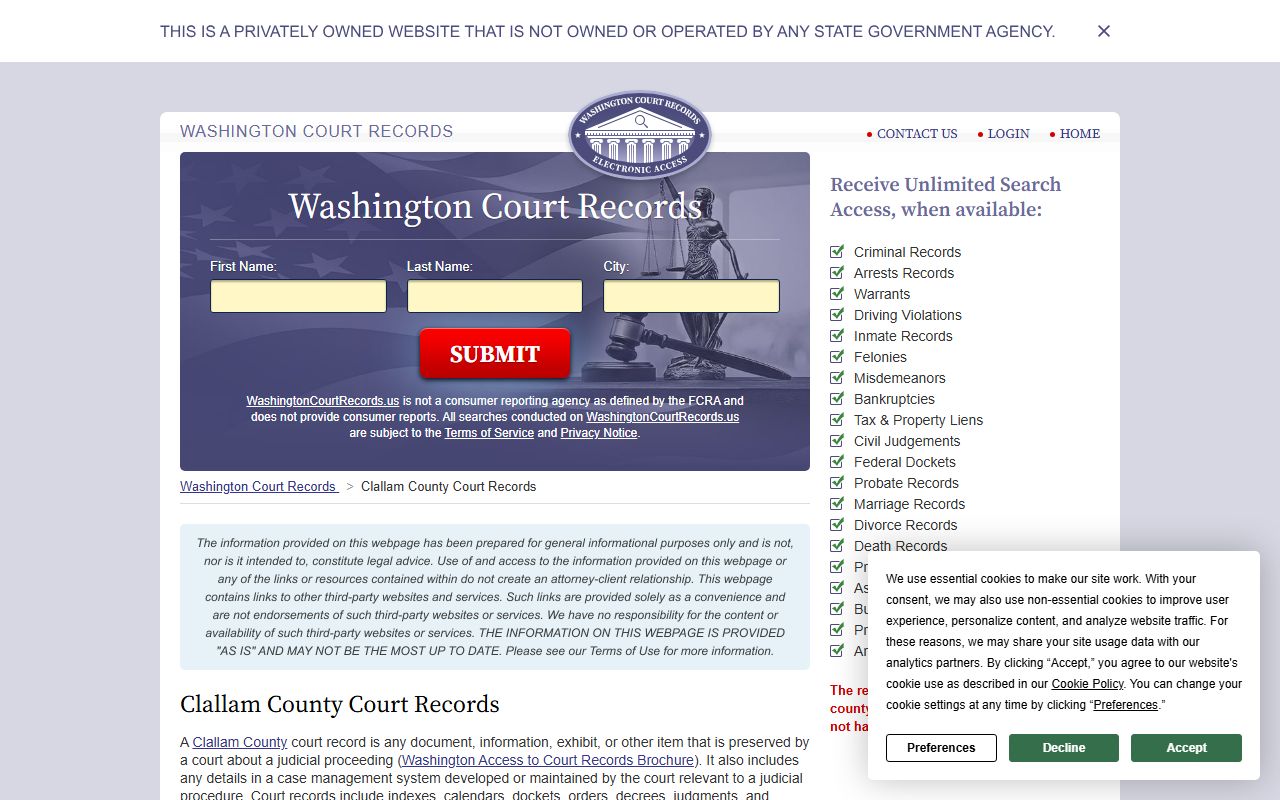 Clallam County court records page with marriage record request guidance