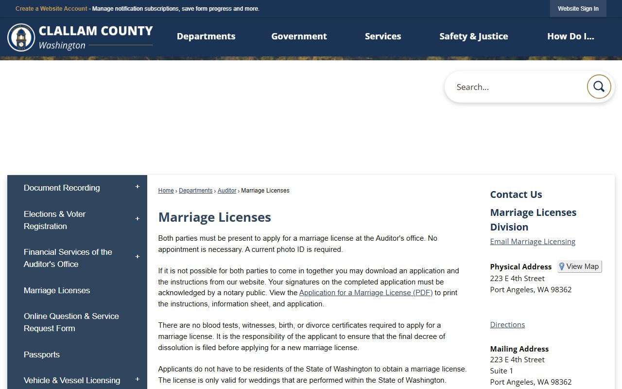 Clallam County marriage license requirements and fee schedule page