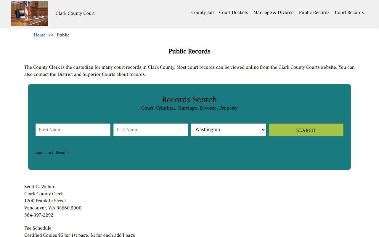 Clark County public records page with marriage and auditor record access information