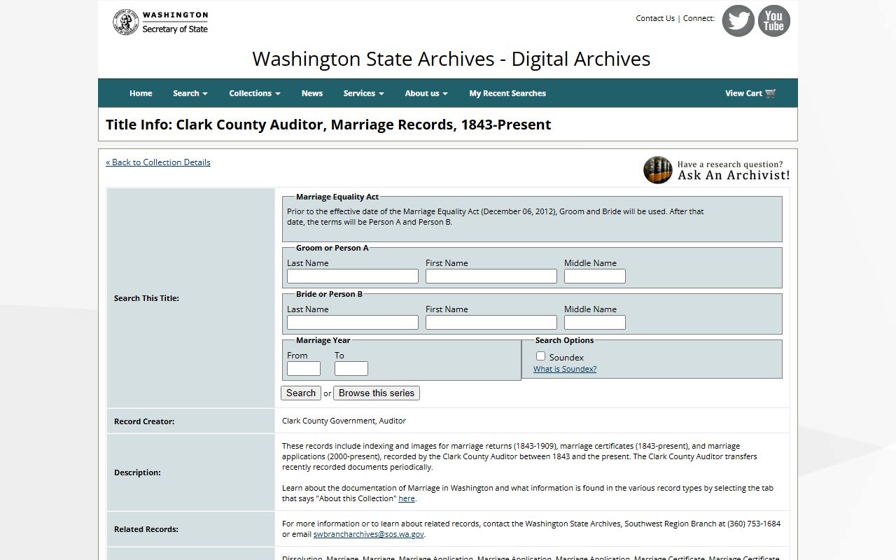 Clark County marriage records on Washington State Digital Archives spanning back to 1843