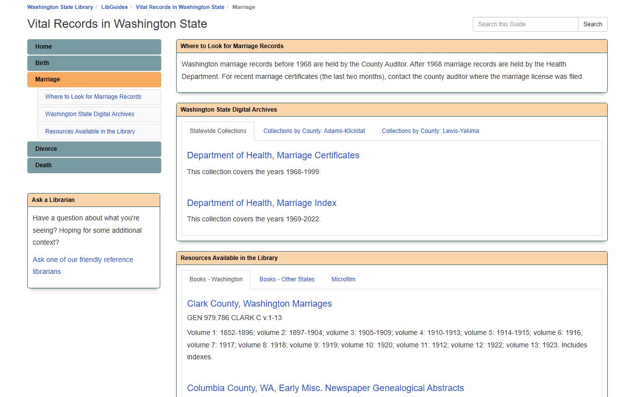 Clark County Washington State Library marriage record volumes guide