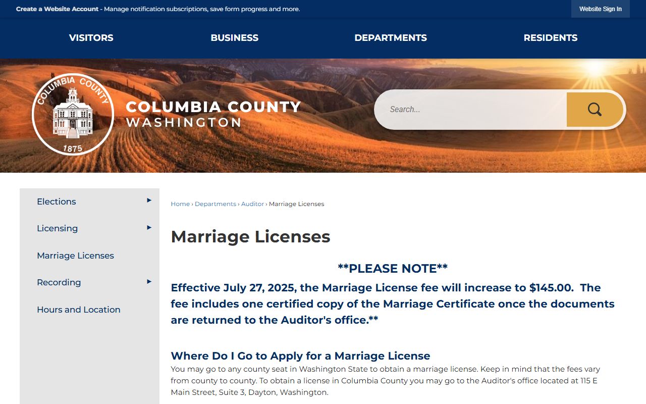Columbia County marriage licenses page