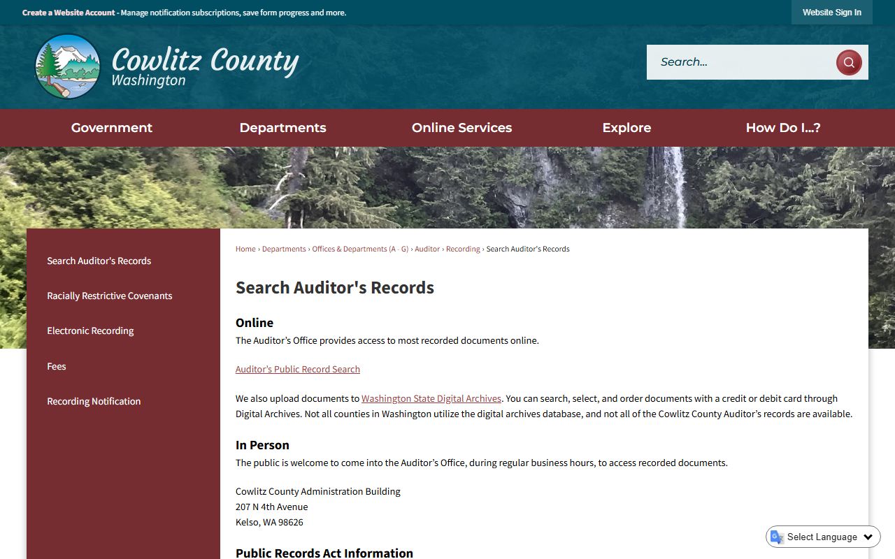 Cowlitz County Auditor records search tool for marriage records
