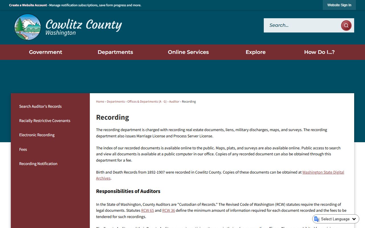 Cowlitz County Recording Department marriage records