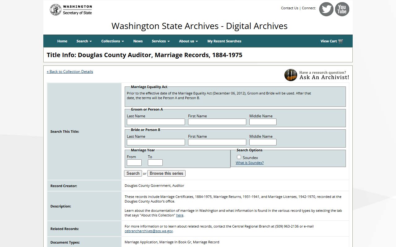 Washington State Digital Archives Douglas County marriage records