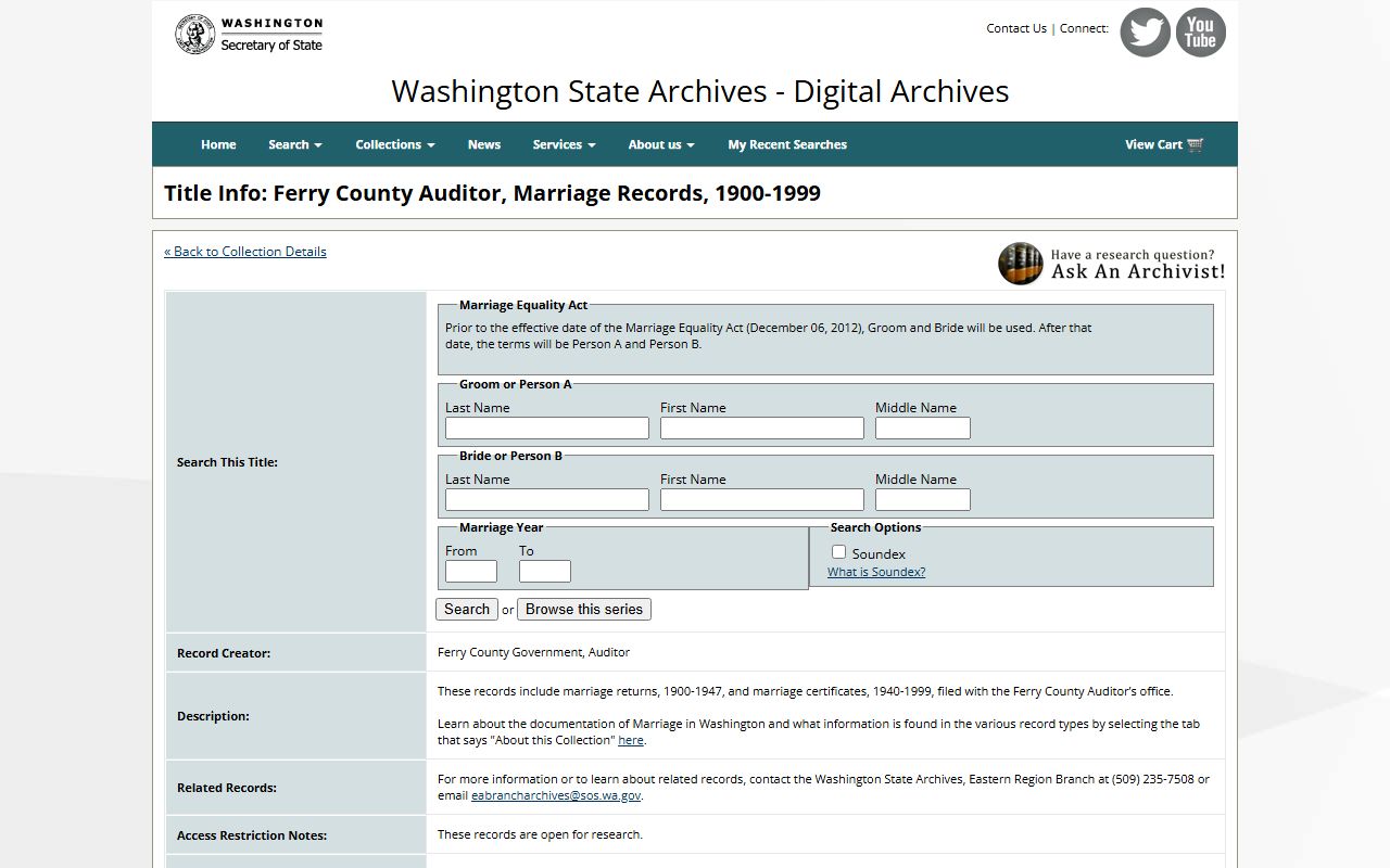 Washington State Digital Archives Ferry County marriage records