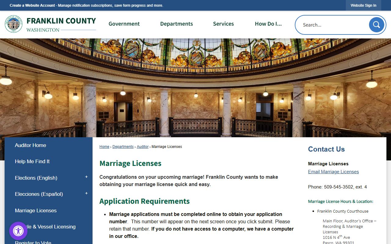 Franklin County marriage licenses page with requirements and fees