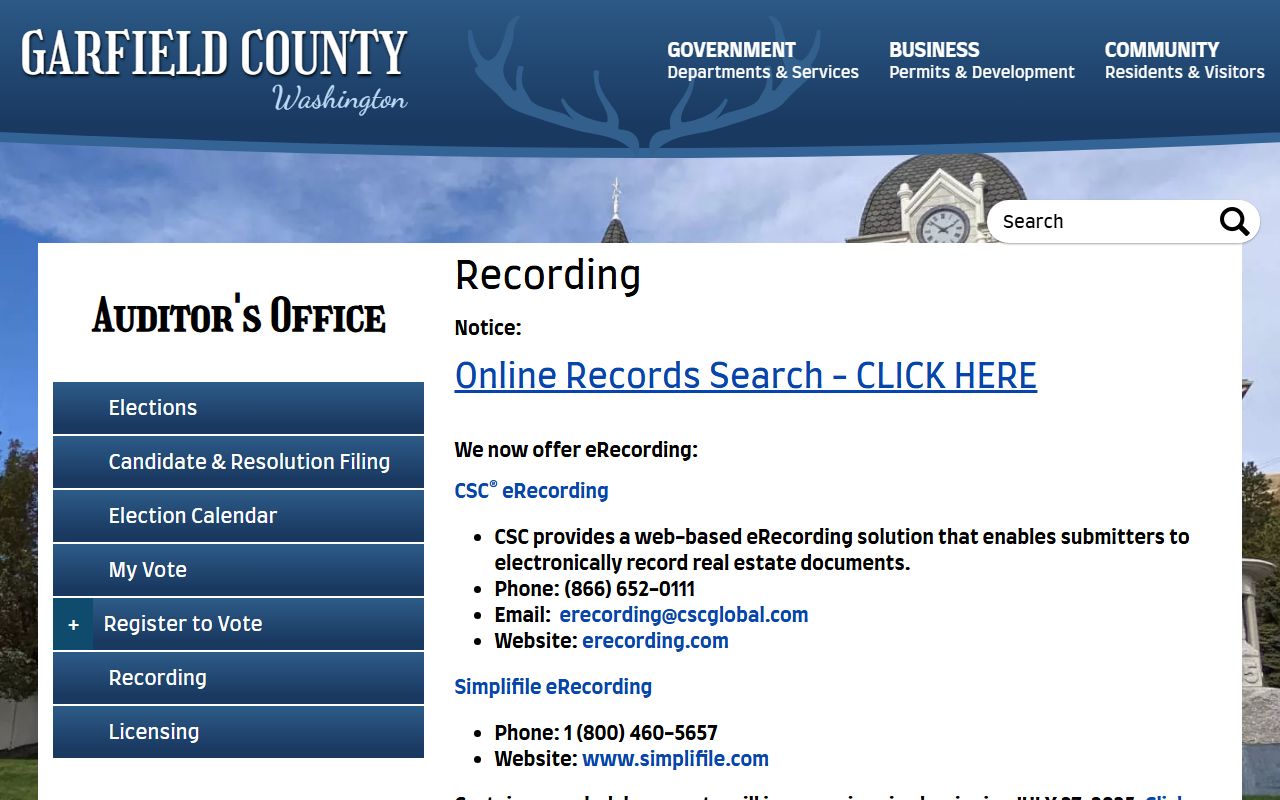Garfield County recording page with marriage records online search