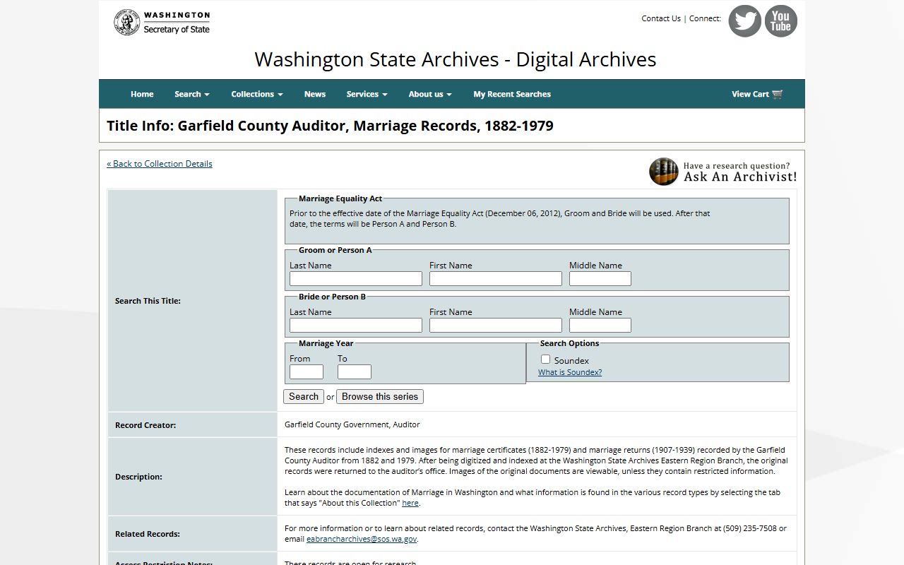 Washington State Digital Archives Garfield County marriage records