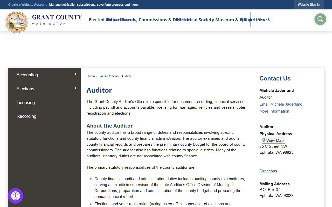 Grant County Auditor main page for marriage records and recording services