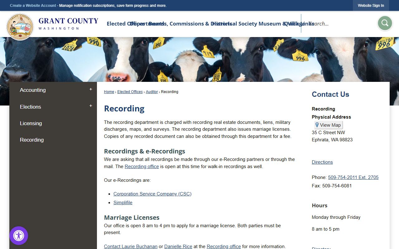 Grant County Recording Department marriage license office in Ephrata