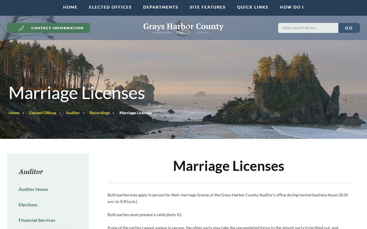 Grays Harbor County Auditor marriage license page