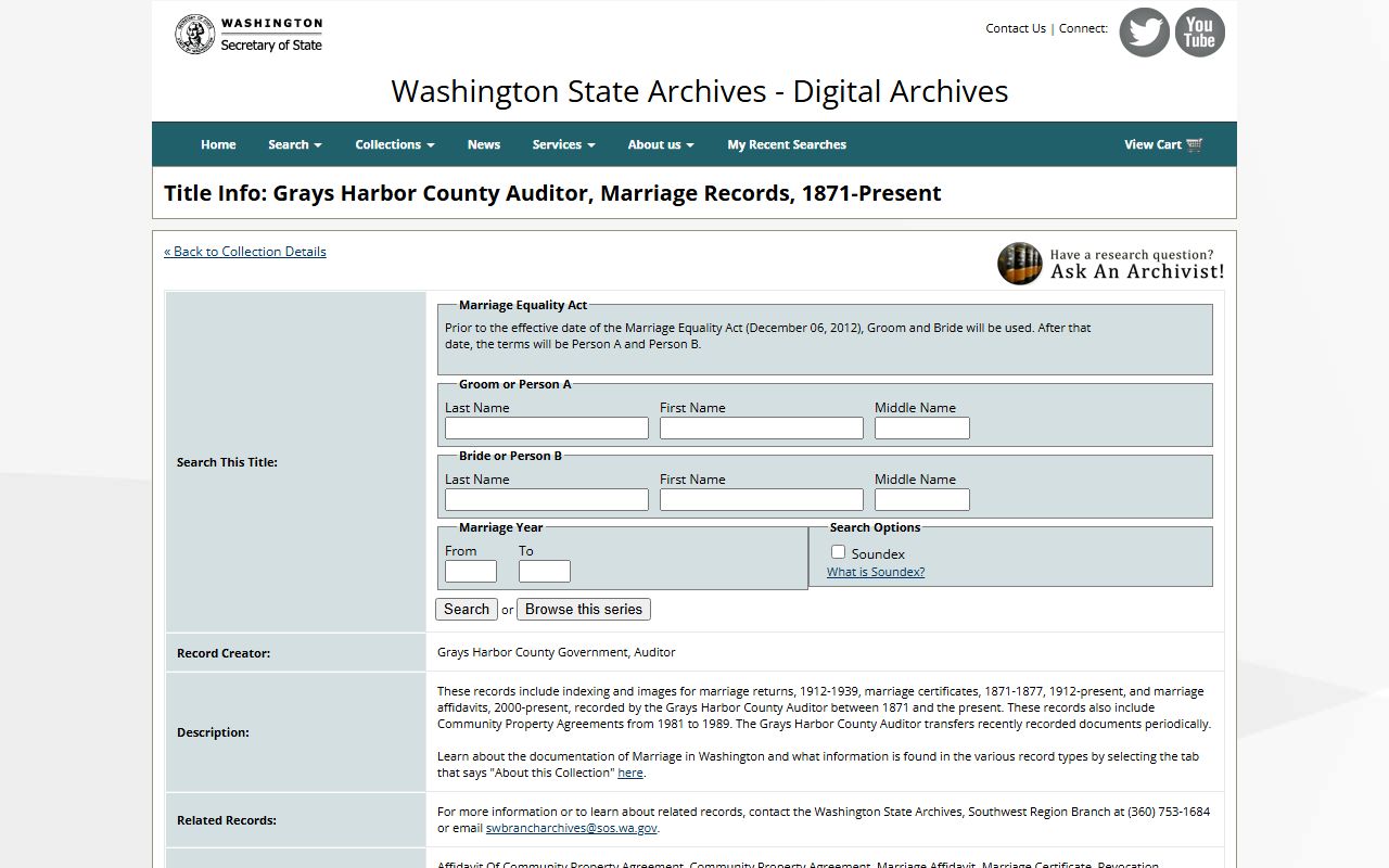 Washington State Digital Archives Grays Harbor County marriage records collection