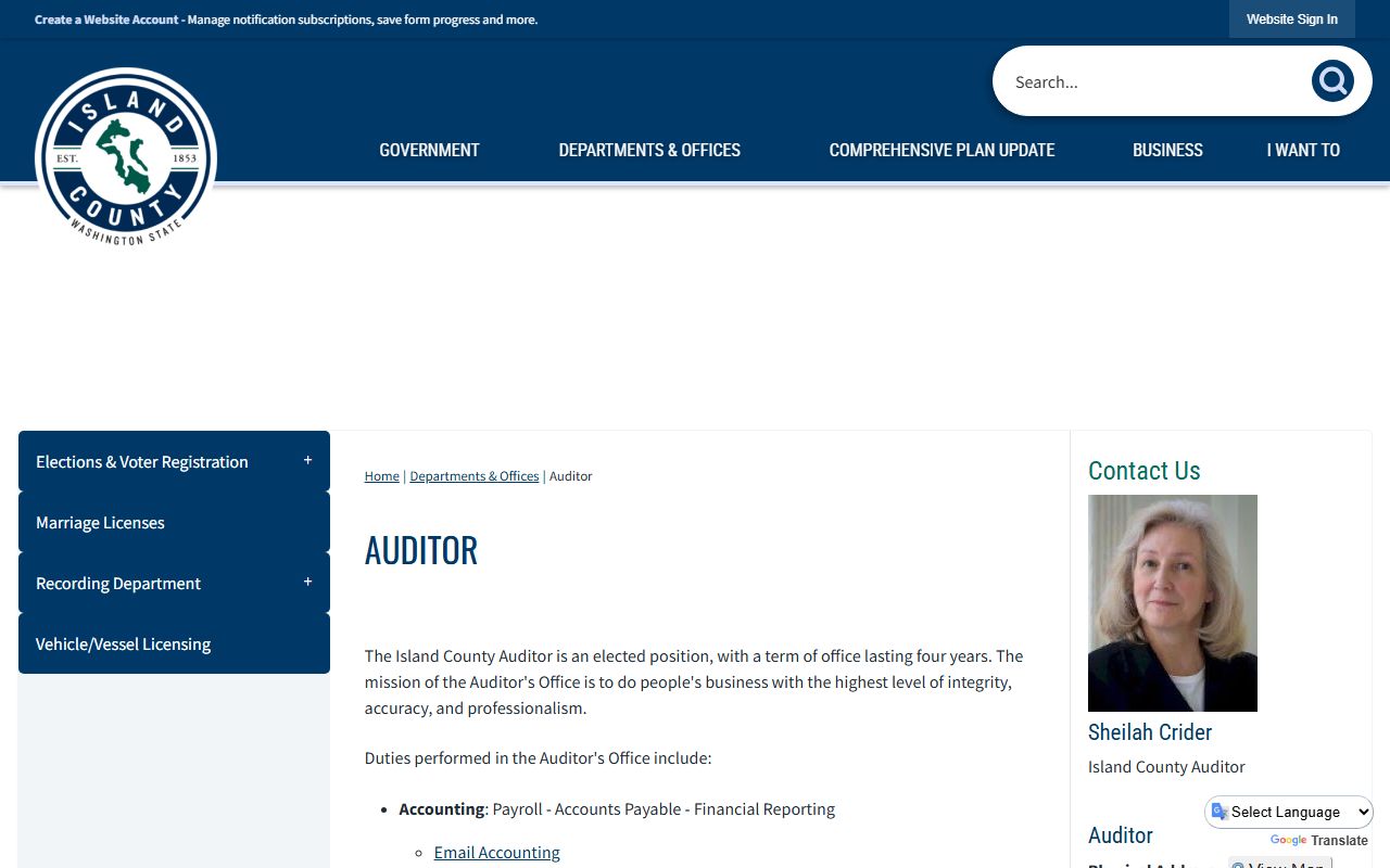 Island County Auditor office main page for marriage records