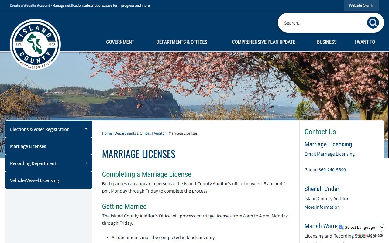 Island County marriage license application page with requirements and fee details