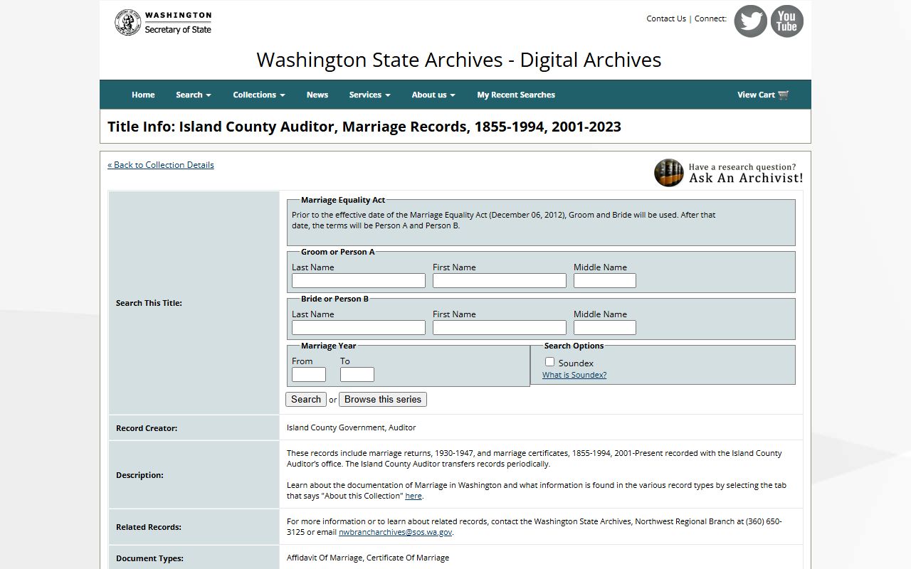 Washington State Digital Archives Island County marriage records collection