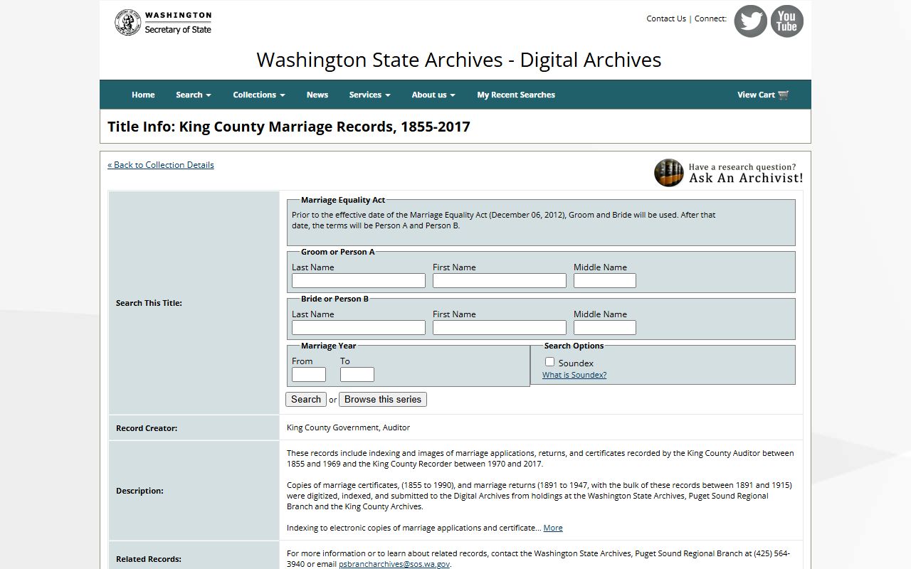 Washington State Digital Archives King County marriage records collection with 1.6 million records