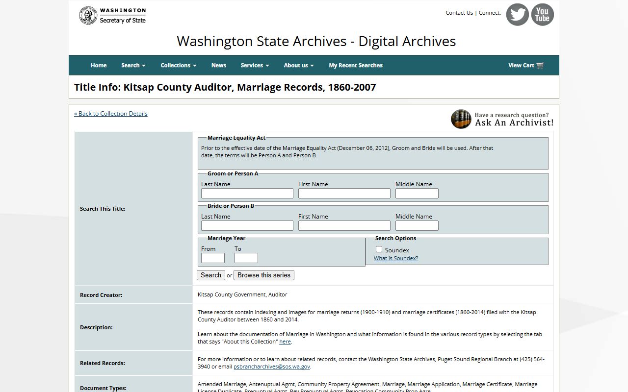 Washington State Digital Archives Kitsap County marriage records collection