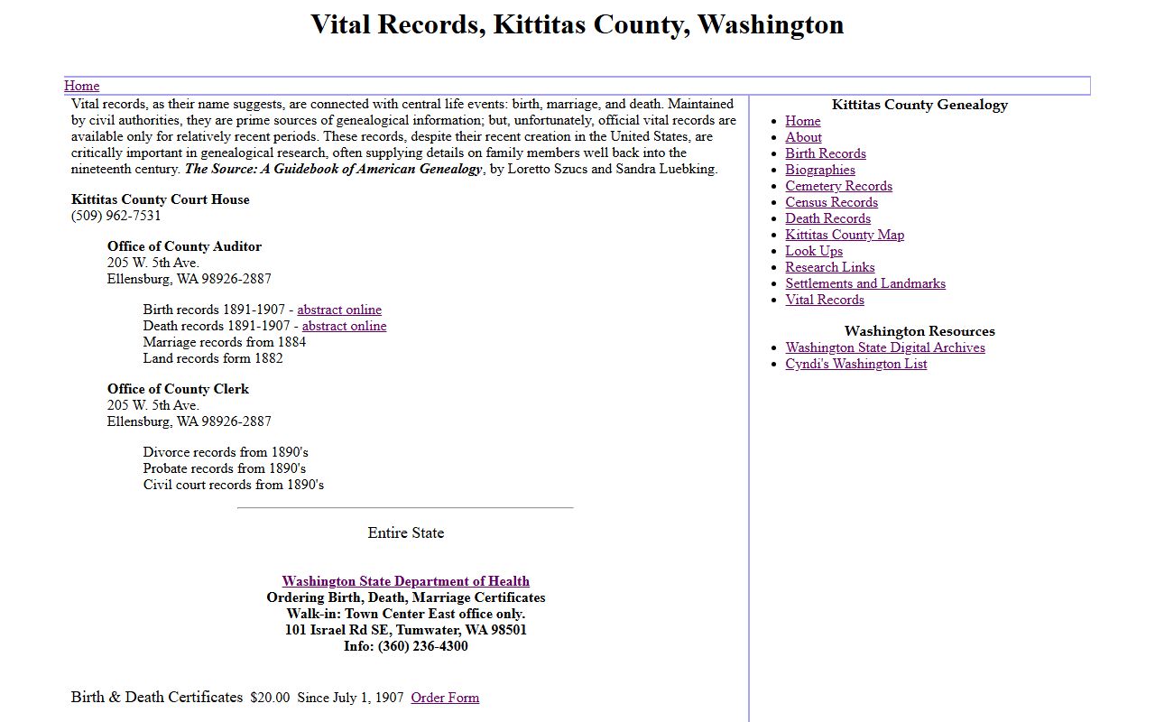 Kittitas County genealogy vital records page with marriage records information