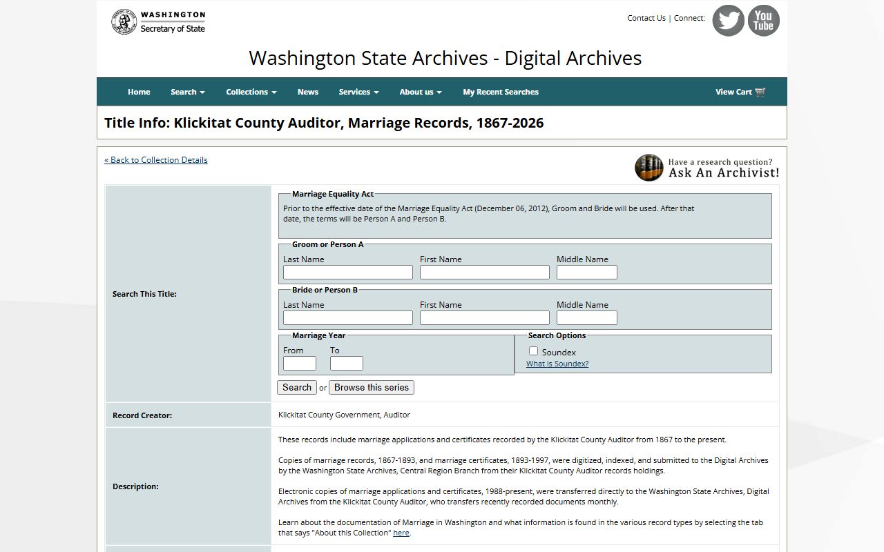 Washington State Digital Archives Klickitat County marriage records from 1867 to present
