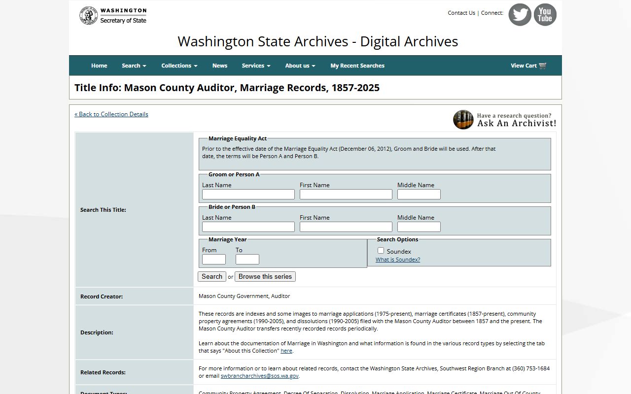 Washington State Digital Archives collection for Mason County marriage records
