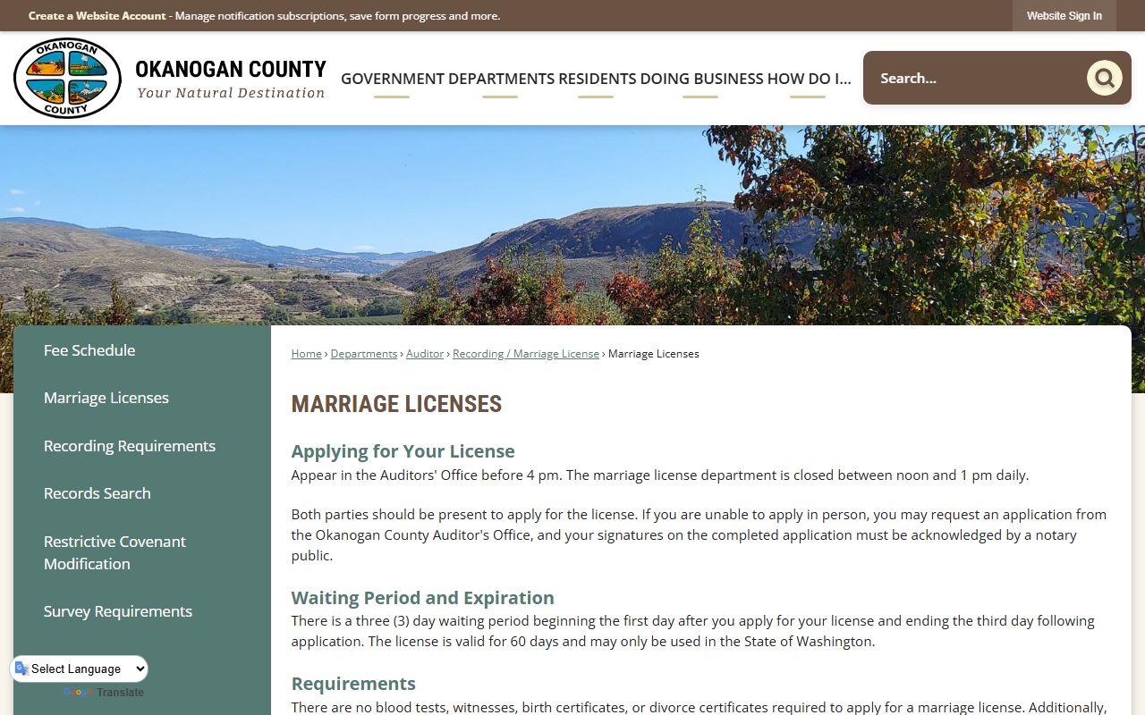 Okanogan County Auditor marriage license page showing fees and requirements