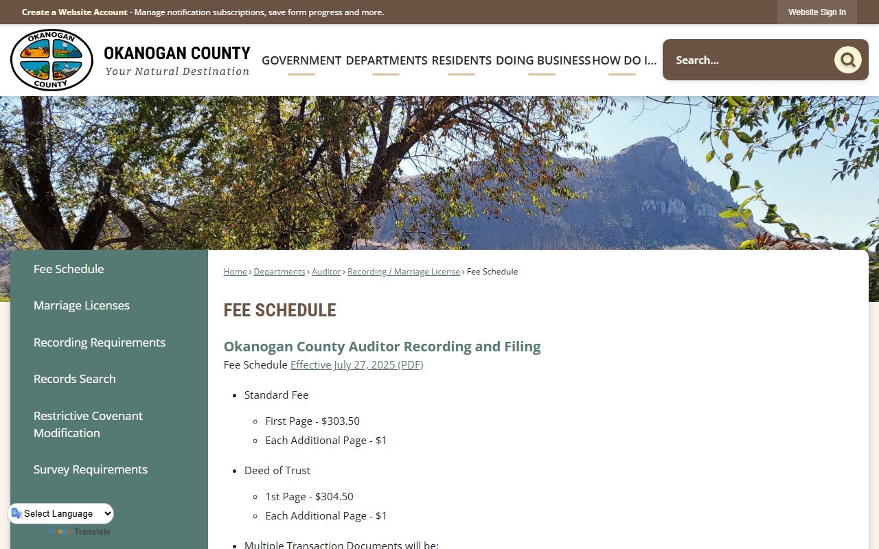Okanogan County fee schedule for marriage licenses and certified copy costs