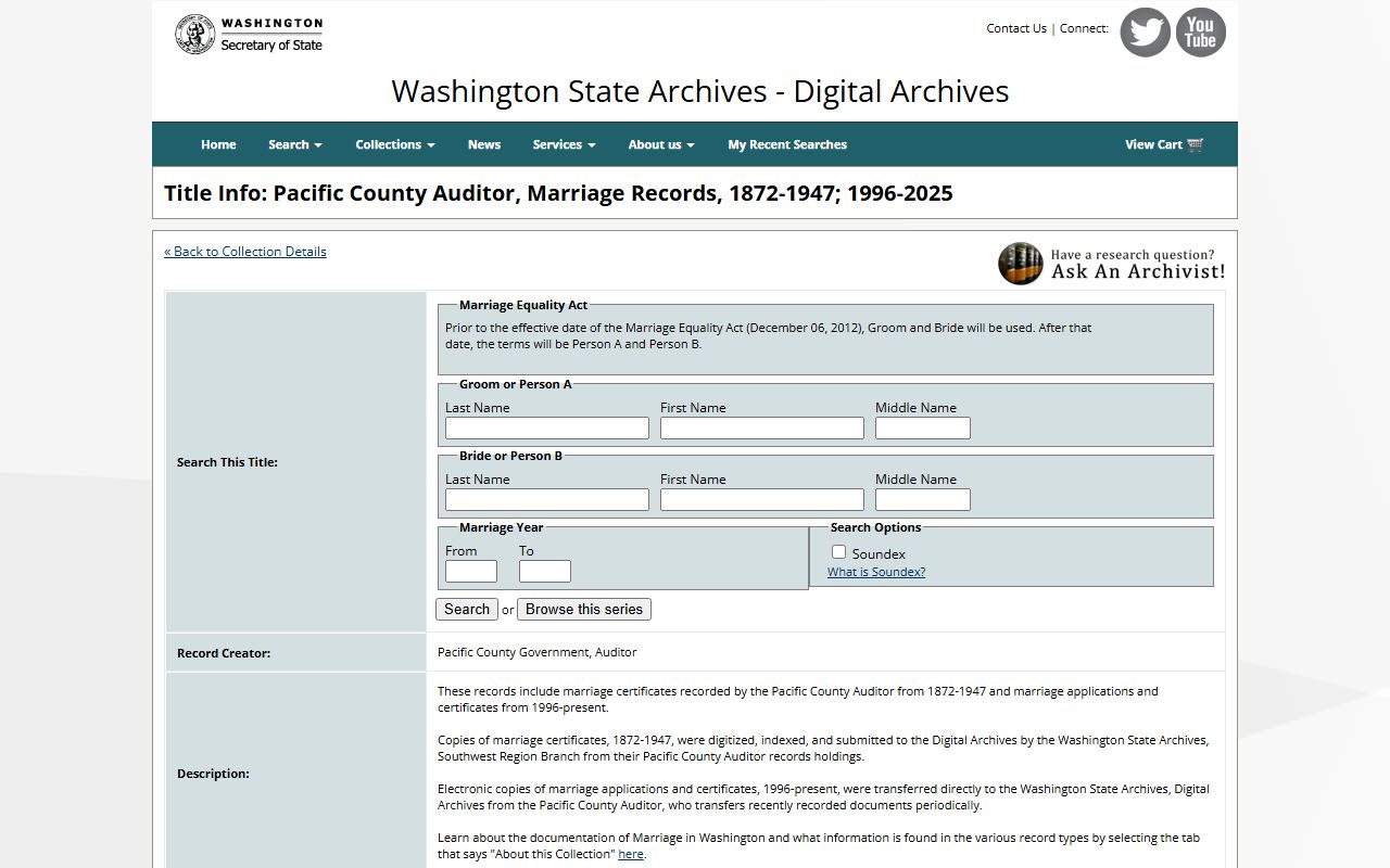 Washington State Digital Archives Pacific County marriage records collection 1872 to present