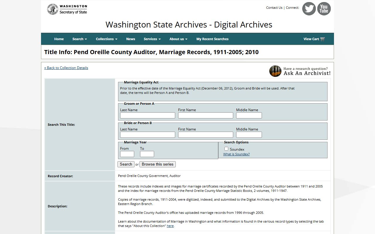 Washington State Digital Archives Pend Oreille County marriage records 1911-2005
