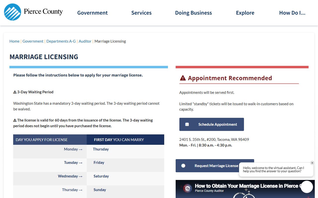 Pierce County marriage licensing page for applications and requirements