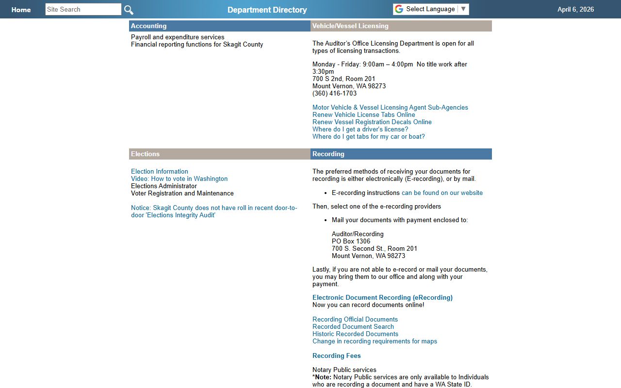 Skagit County Auditor recording search for marriage records