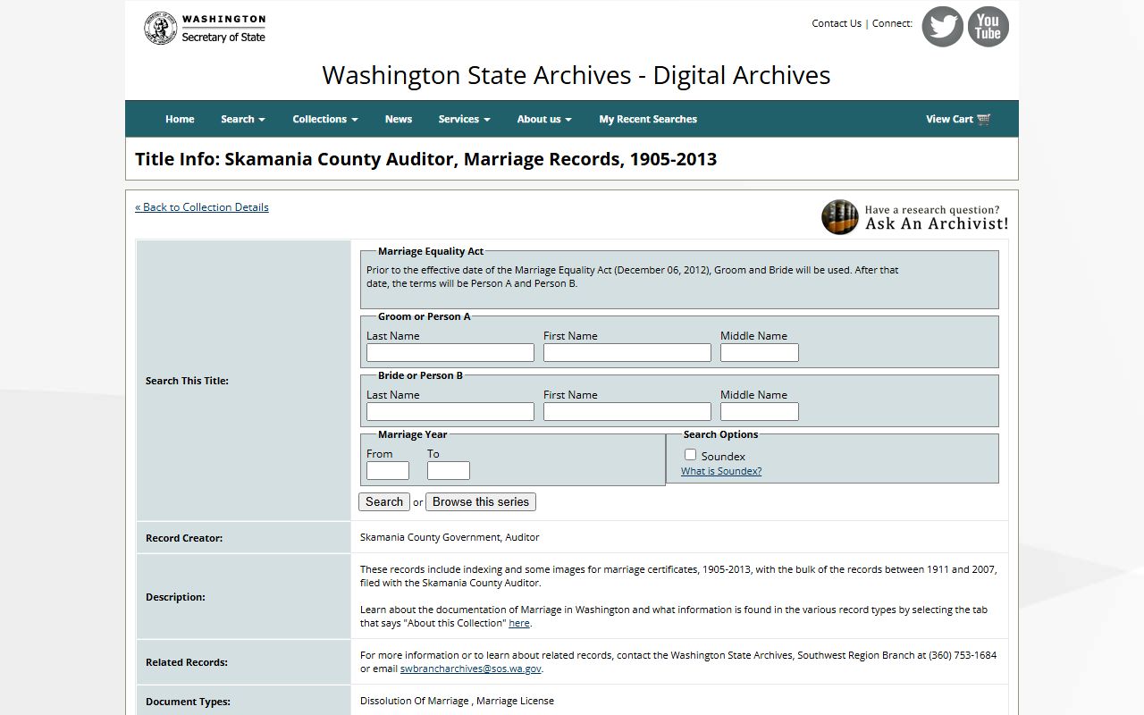 Washington State Digital Archives Skamania County marriage records