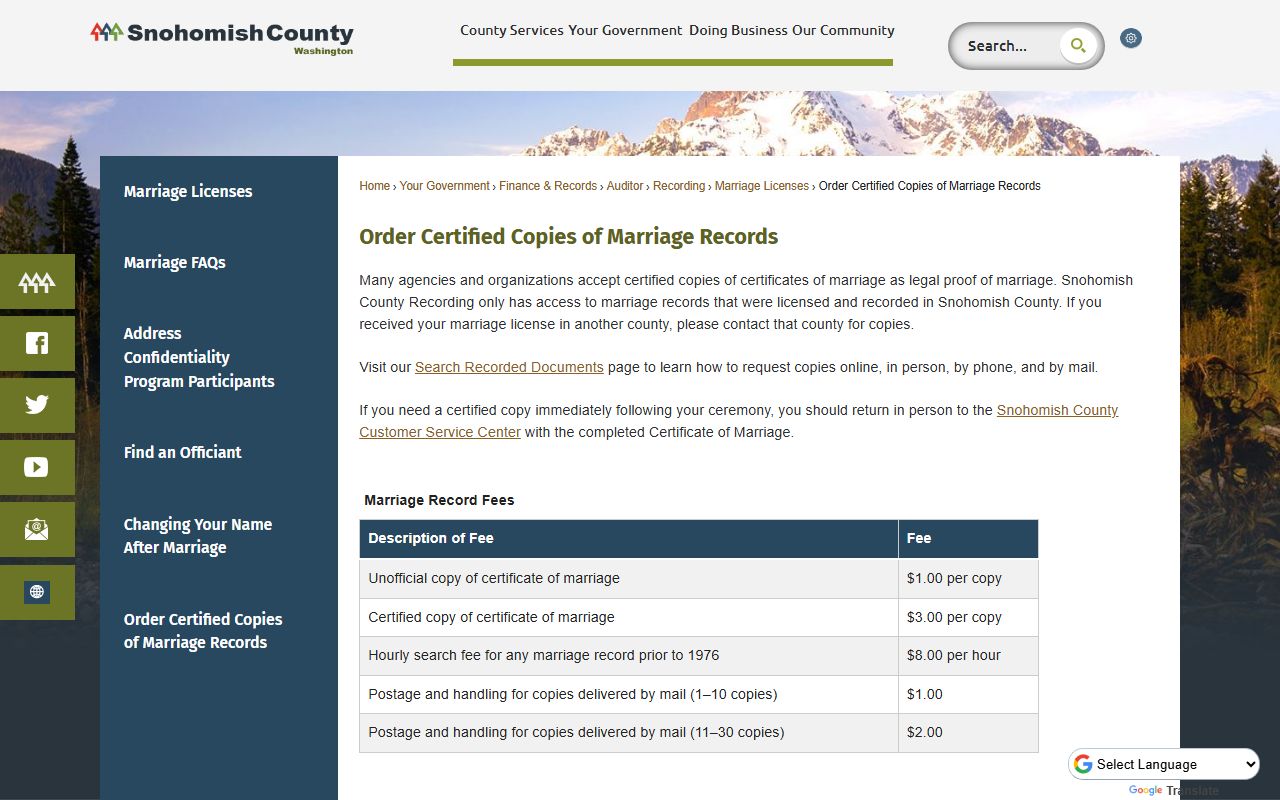 Snohomish County order certified copies of marriage records
