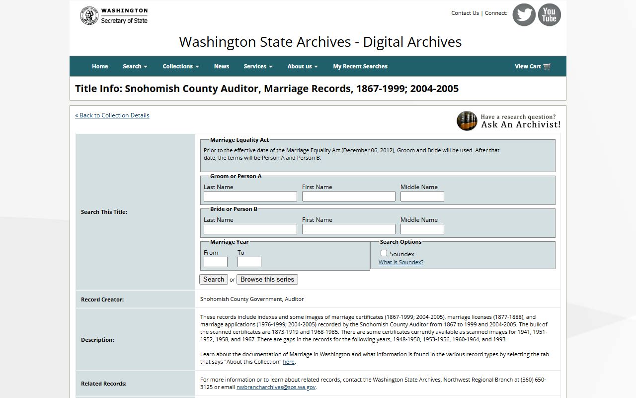 Washington State Digital Archives Snohomish County marriage records collection
