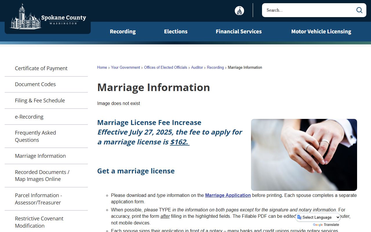 Spokane County Auditor marriage license information page