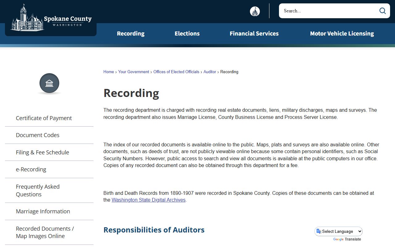 Spokane County Auditor recording department page