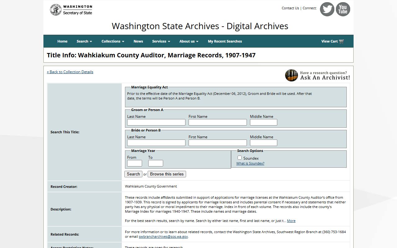 Stevens County marriage affidavits and license applications 1907-1947 at Digital Archives